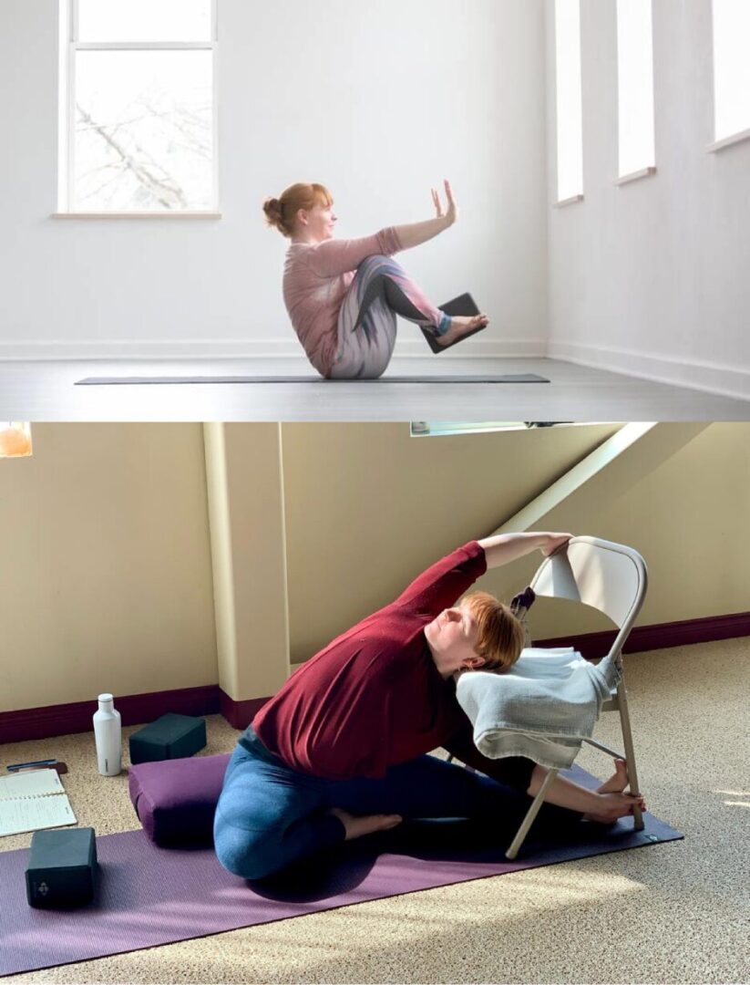 A woman is doing yoga in the living room