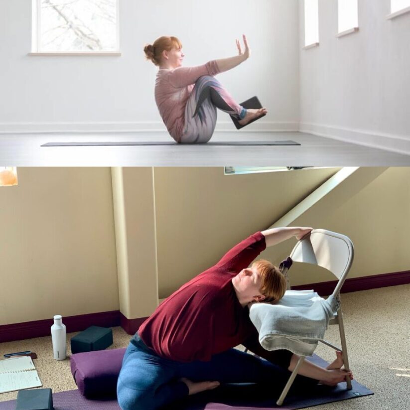 A woman is doing yoga in the living room